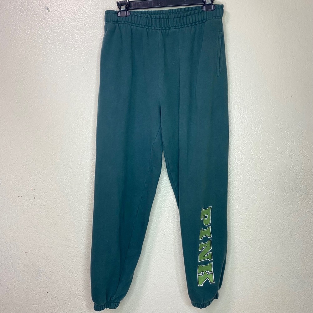PINK Victorias Secret Green Campus Fleece Graphic Jogger Sweatpants Small Y2K